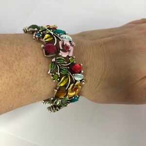 Floral Enameled Silver Tone Multi Color Crystals bangle Cuff Bracelet Boho